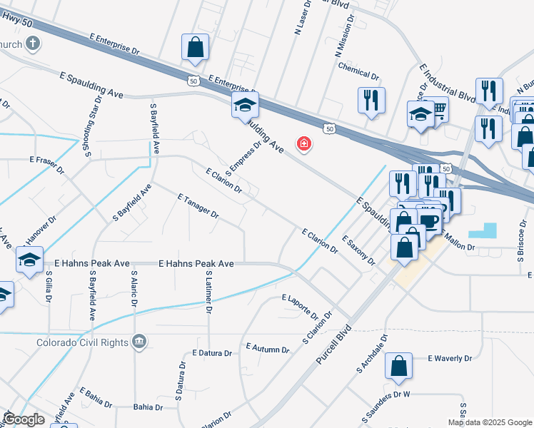 map of restaurants, bars, coffee shops, grocery stores, and more near 674 East Clarion Drive in Pueblo West