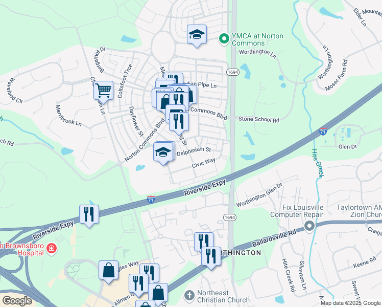 map of restaurants, bars, coffee shops, grocery stores, and more near 10411 Meeting Street in Prospect