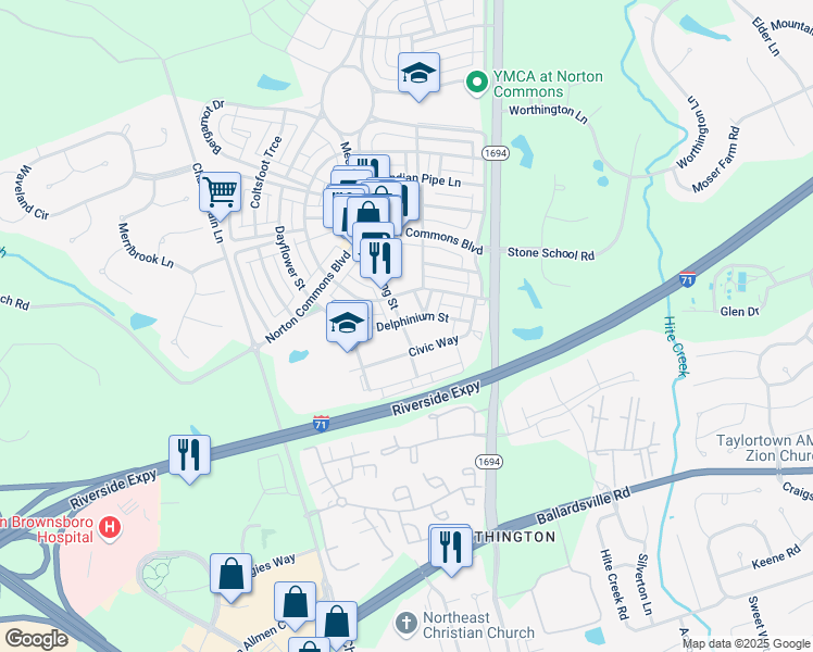 map of restaurants, bars, coffee shops, grocery stores, and more near 10411 Meeting Street in Prospect