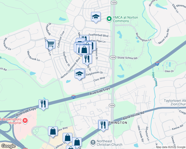 map of restaurants, bars, coffee shops, grocery stores, and more near 10411 Meeting Street in Prospect