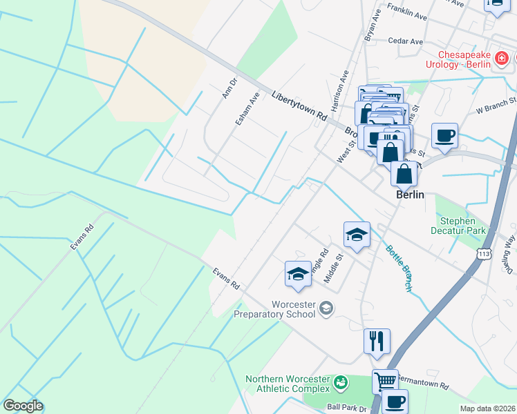 map of restaurants, bars, coffee shops, grocery stores, and more near 214 Henrys Mill Drive in Berlin