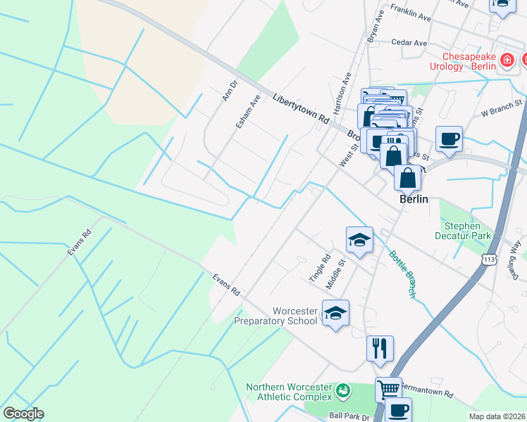 map of restaurants, bars, coffee shops, grocery stores, and more near 214 Henrys Mill Drive in Berlin