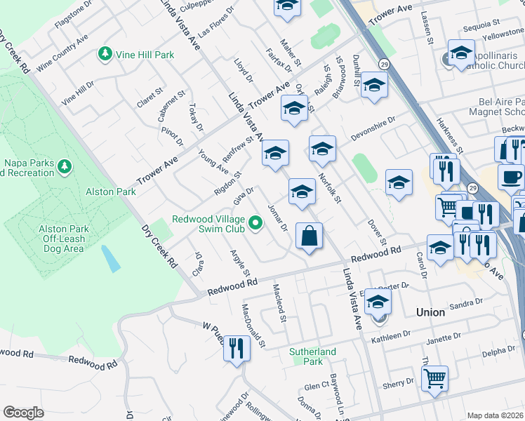 map of restaurants, bars, coffee shops, grocery stores, and more near 3680 Young Avenue in Napa