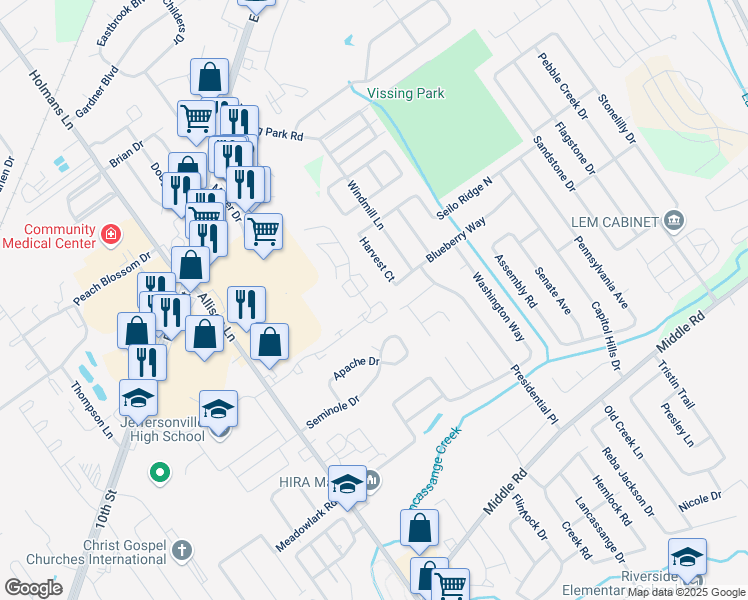 map of restaurants, bars, coffee shops, grocery stores, and more near 3163 Wooded Way in Jeffersonville