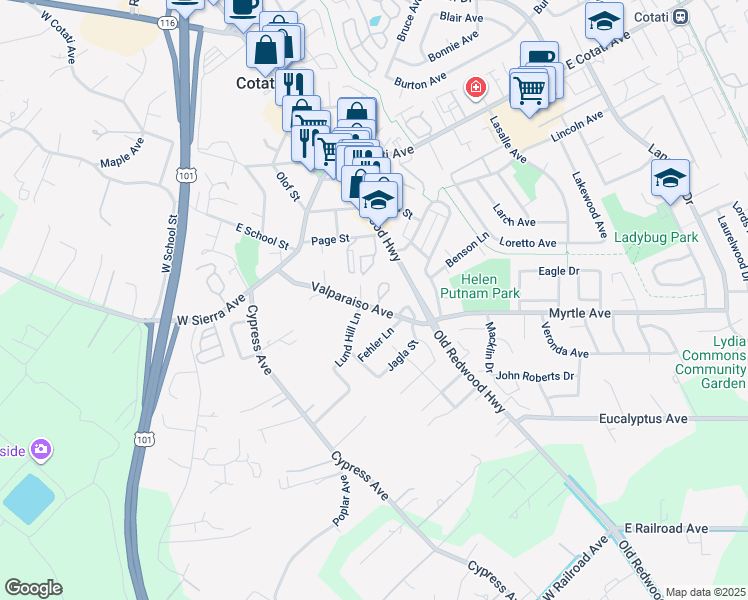 map of restaurants, bars, coffee shops, grocery stores, and more near 44 Pine Tree Circle in Cotati