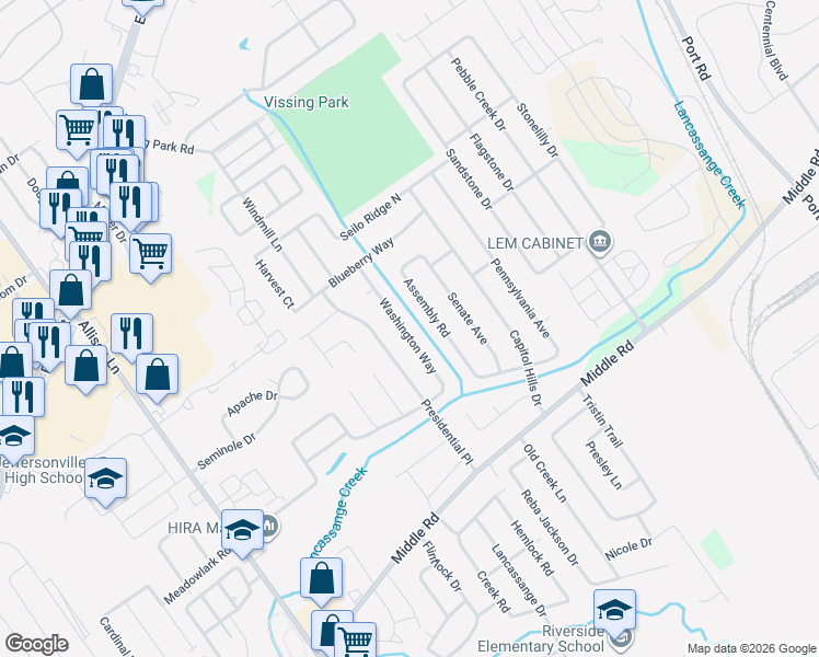 map of restaurants, bars, coffee shops, grocery stores, and more near 927 Washington Way in Jeffersonville