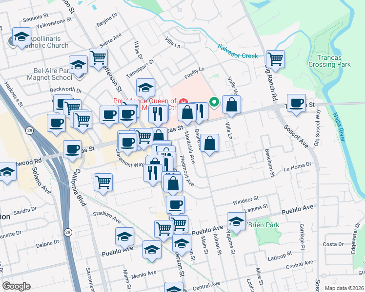map of restaurants, bars, coffee shops, grocery stores, and more near 3253 Montclair Avenue in Napa