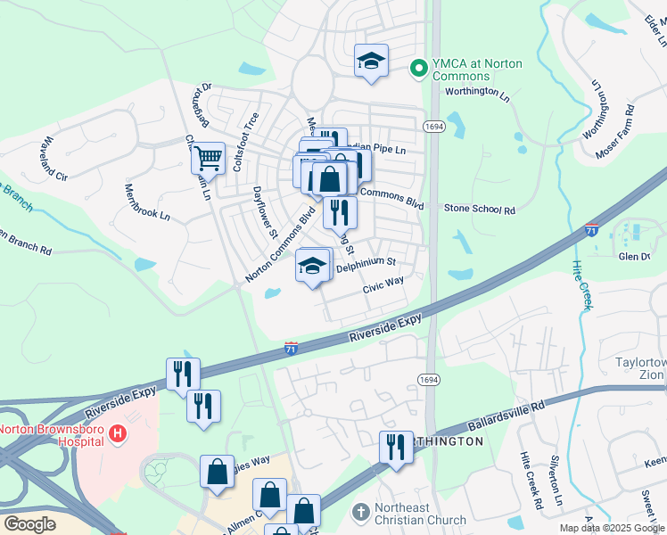 map of restaurants, bars, coffee shops, grocery stores, and more near 9405b Delphinium Street in Prospect