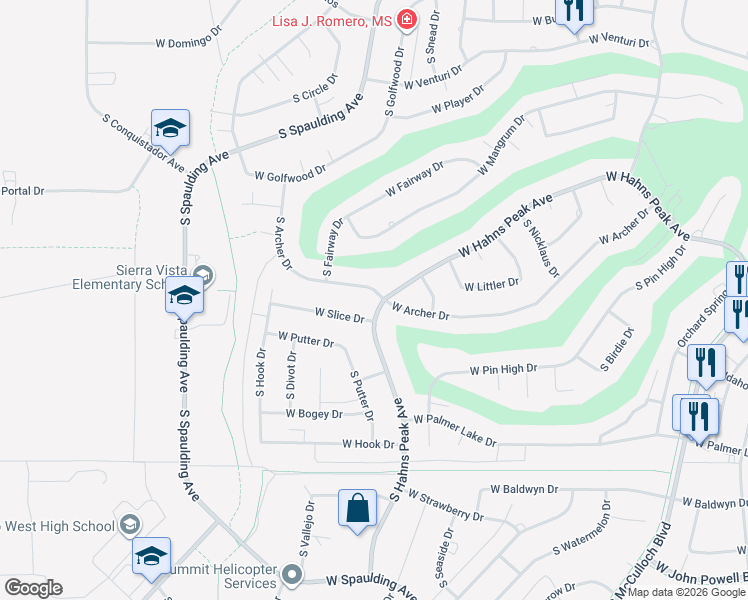 map of restaurants, bars, coffee shops, grocery stores, and more near 443 South Hahns Peak Avenue in Pueblo West