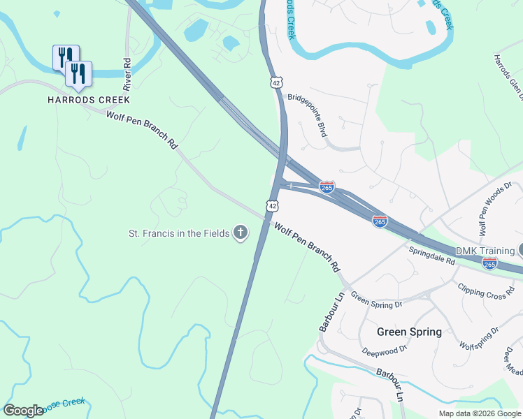 map of restaurants, bars, coffee shops, grocery stores, and more near 6711 Wolf Pen Branch Road in Prospect