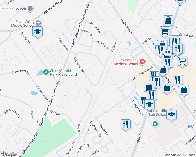 map of restaurants, bars, coffee shops, grocery stores, and more near 2411 Lakewood Boulevard in Jeffersonville