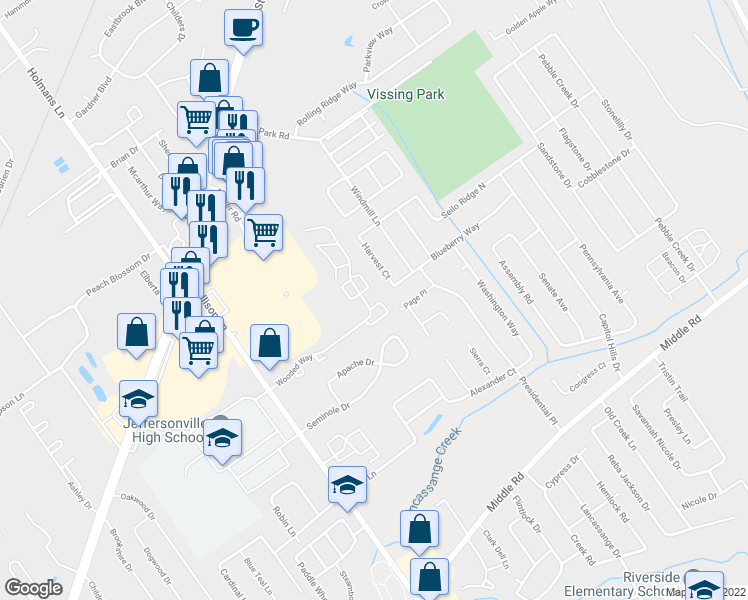 map of restaurants, bars, coffee shops, grocery stores, and more near 3224 Wooded Way in Jeffersonville