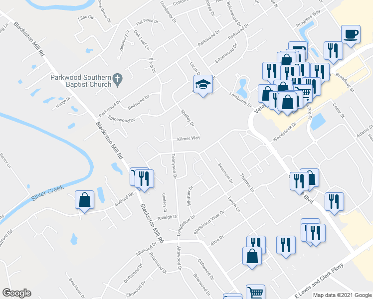 map of restaurants, bars, coffee shops, grocery stores, and more near 1412 Marlowe Drive in Clarksville