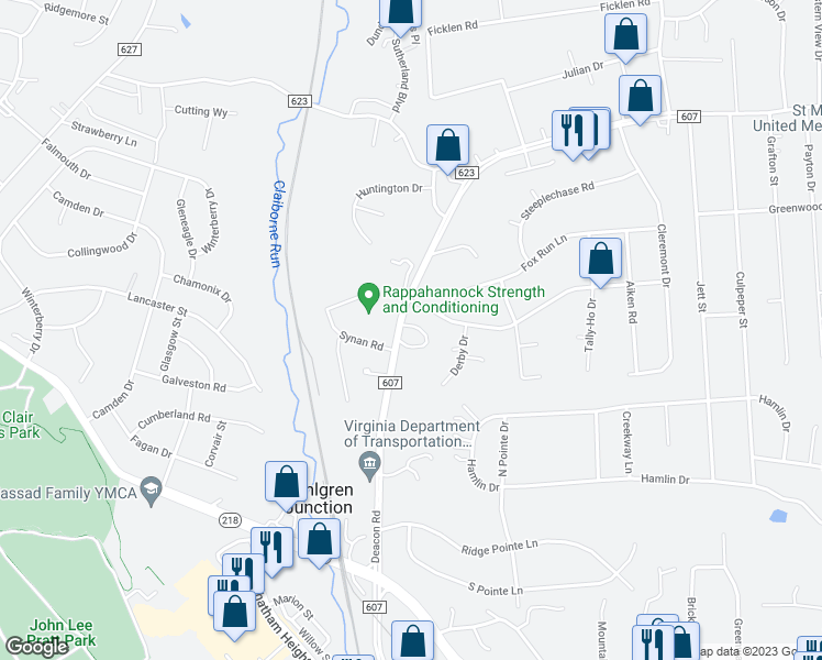 map of restaurants, bars, coffee shops, grocery stores, and more near 152 Deacon Road in Fredericksburg