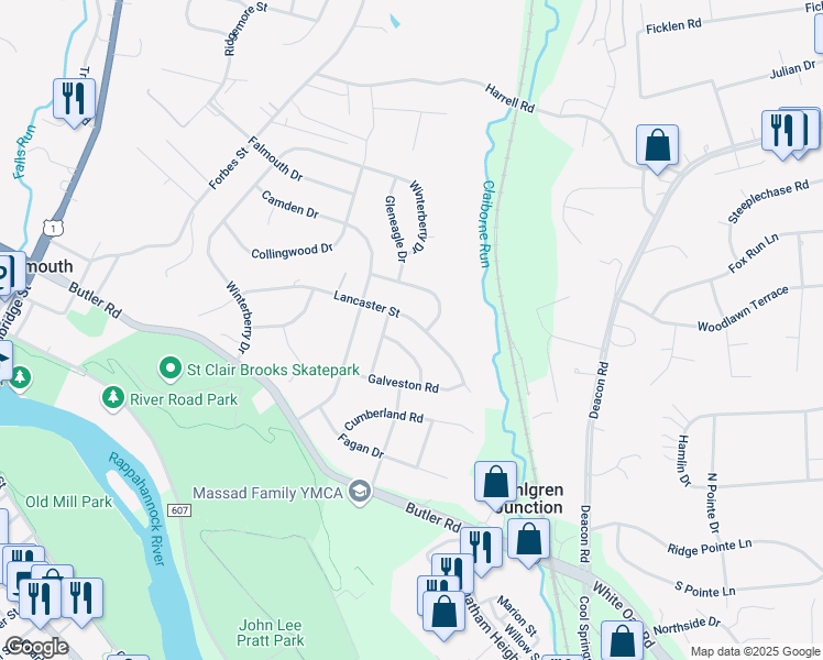 map of restaurants, bars, coffee shops, grocery stores, and more near 620 Lancaster Street in Falmouth