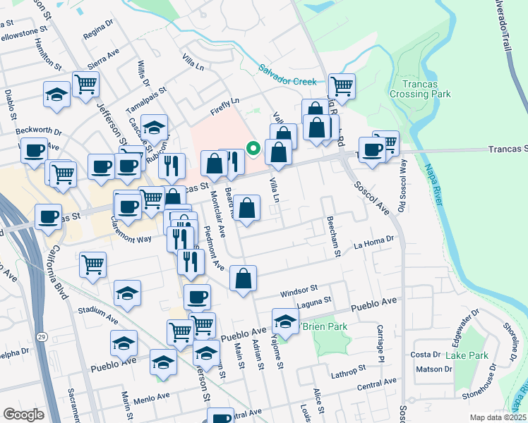 map of restaurants, bars, coffee shops, grocery stores, and more near 3275 Villa Lane in Napa