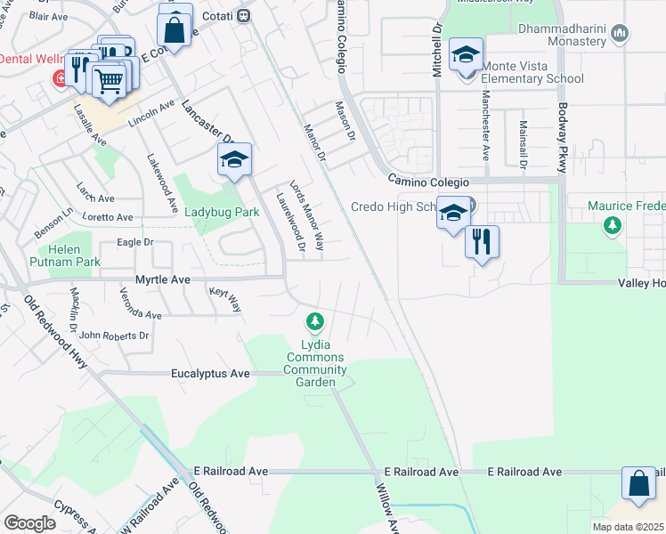 map of restaurants, bars, coffee shops, grocery stores, and more near 832 Lilac Way in Rohnert Park