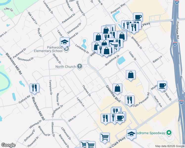 map of restaurants, bars, coffee shops, grocery stores, and more near 1729 Greentree Boulevard in Clarksville