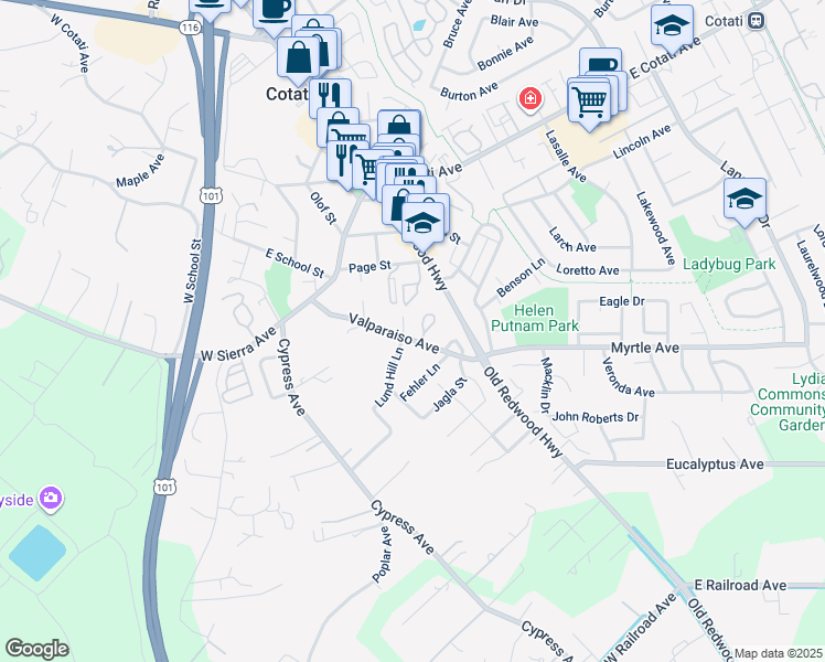 map of restaurants, bars, coffee shops, grocery stores, and more near 44 Pine Tree Circle in Cotati