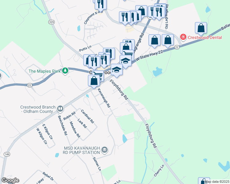 map of restaurants, bars, coffee shops, grocery stores, and more near 7200 Floydsburg Road in Crestwood
