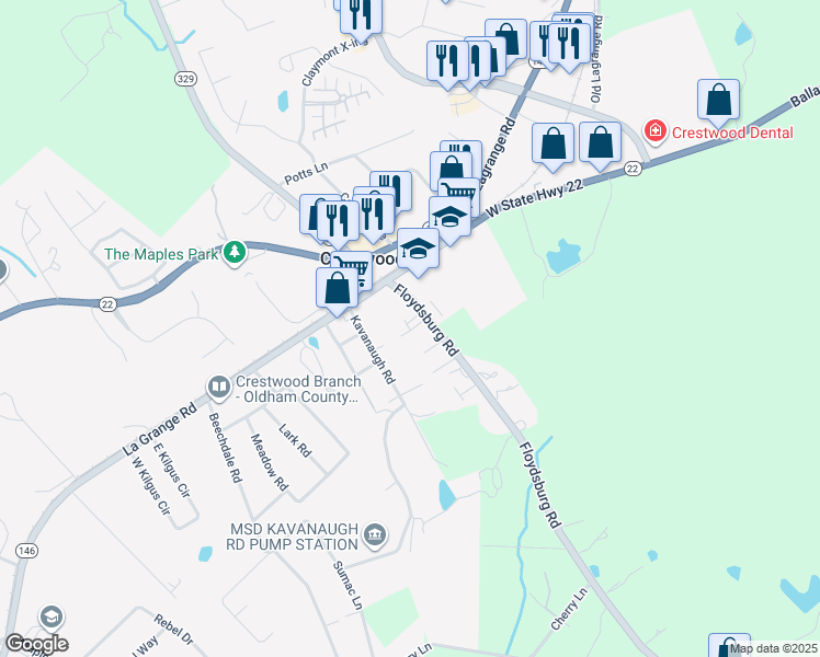 map of restaurants, bars, coffee shops, grocery stores, and more near 7200 Floydsburg Road in Crestwood