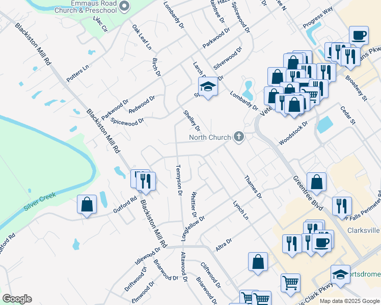 map of restaurants, bars, coffee shops, grocery stores, and more near 1412 Marlowe Drive in Clarksville