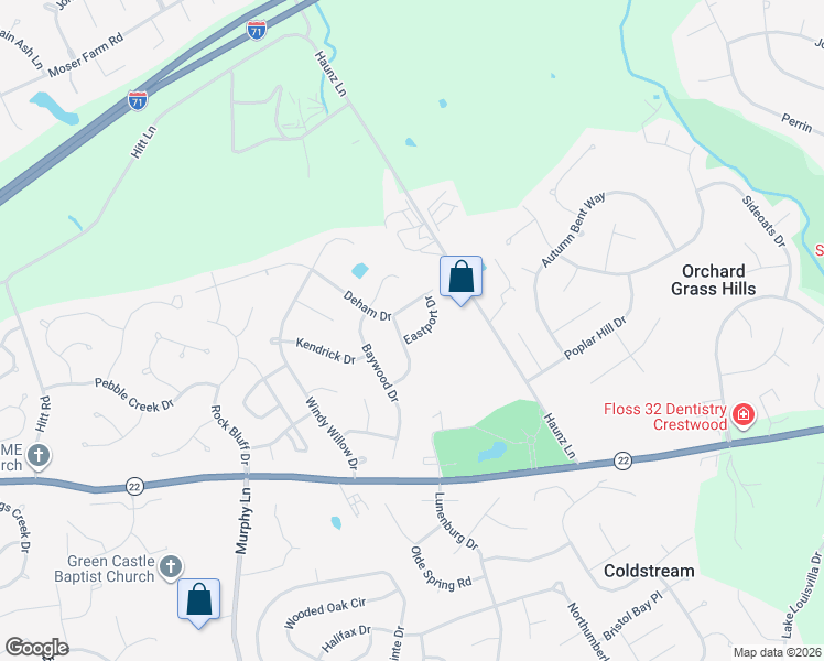 map of restaurants, bars, coffee shops, grocery stores, and more near 11603 Eastport Drive in Louisville