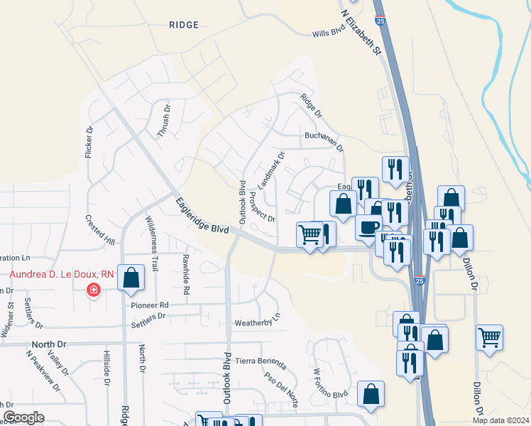 map of restaurants, bars, coffee shops, grocery stores, and more near 4820 Prospect Drive in Pueblo