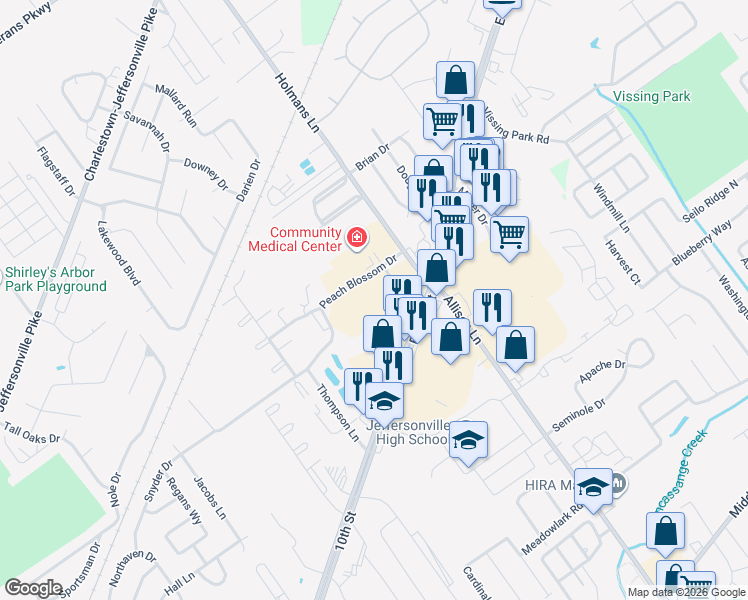 map of restaurants, bars, coffee shops, grocery stores, and more near 3001 Peach Blossom Drive in Jeffersonville
