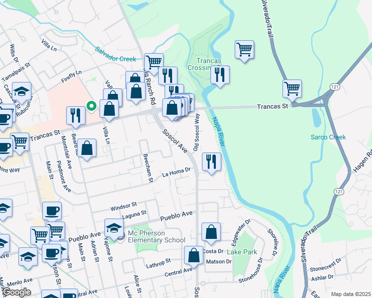 map of restaurants, bars, coffee shops, grocery stores, and more near 2951 Soscol Avenue in Napa