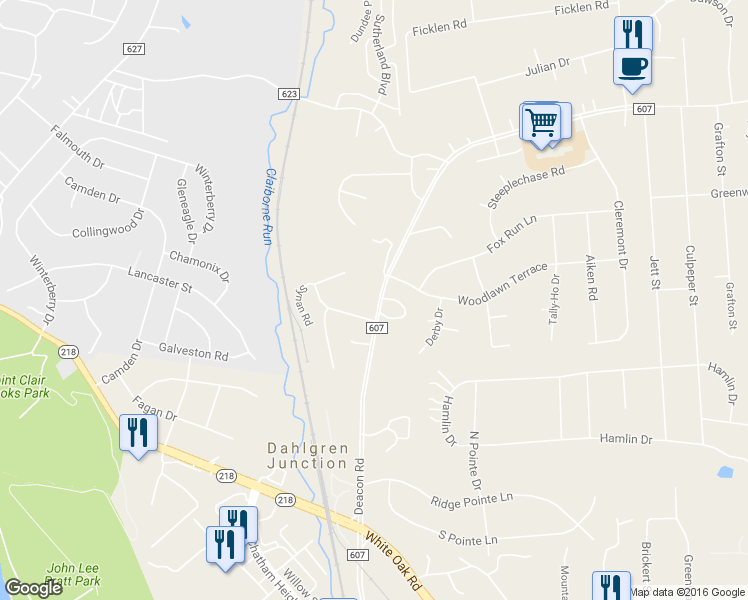map of restaurants, bars, coffee shops, grocery stores, and more near 157 Deacon Road in Fredericksburg