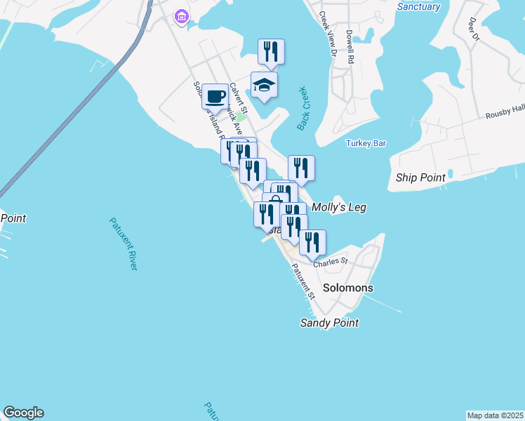 map of restaurants, bars, coffee shops, grocery stores, and more near 14510 Solomons Island Road South in Solomons