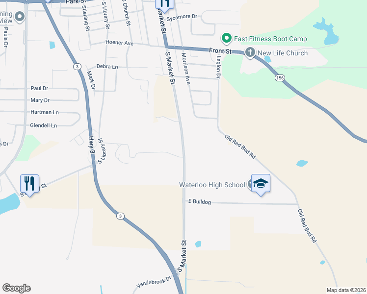 map of restaurants, bars, coffee shops, grocery stores, and more near 1000 South Market Street in Waterloo