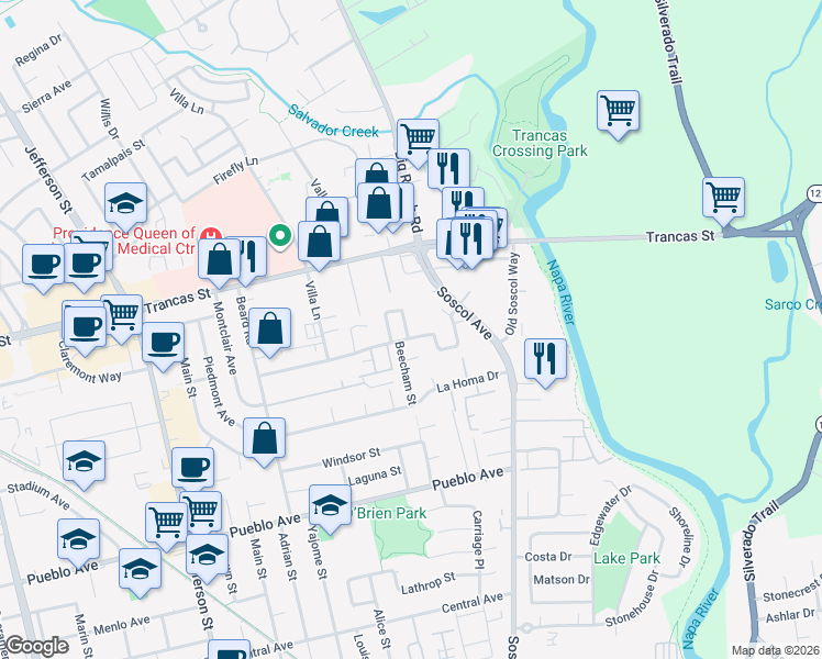 map of restaurants, bars, coffee shops, grocery stores, and more near 1500 Pear Tree Lane in Napa