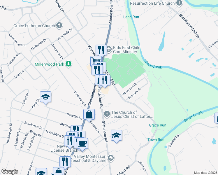 map of restaurants, bars, coffee shops, grocery stores, and more near 1637 Old Ford Road in New Albany