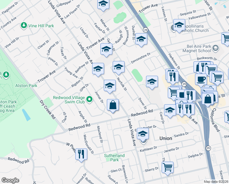 map of restaurants, bars, coffee shops, grocery stores, and more near 3606 Linda Vista Avenue in Napa