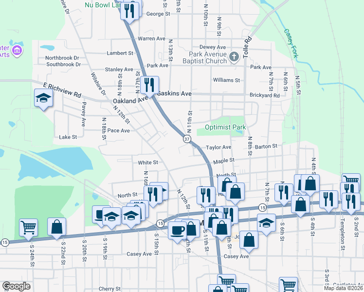 map of restaurants, bars, coffee shops, grocery stores, and more near Neal Drive in Mount Vernon