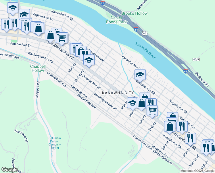 map of restaurants, bars, coffee shops, grocery stores, and more near 4515 MacCorkle Avenue Southeast in Charleston