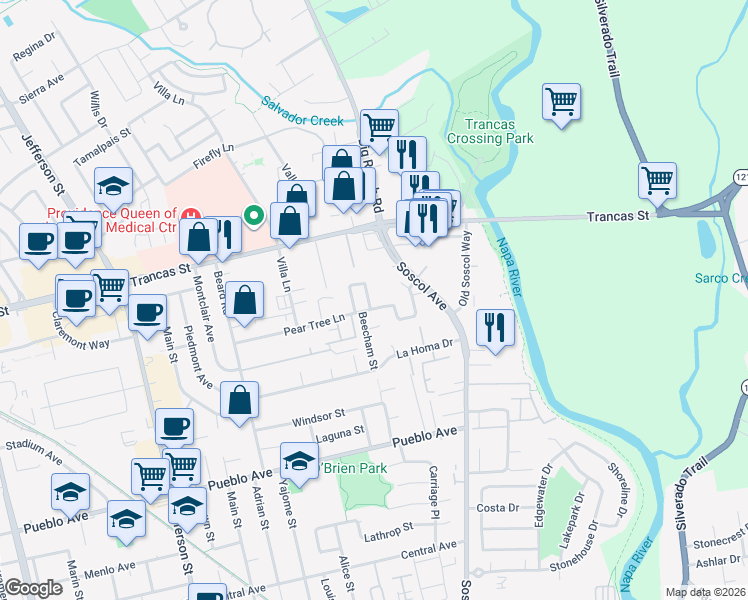 map of restaurants, bars, coffee shops, grocery stores, and more near 1500 Pear Tree Lane in Napa