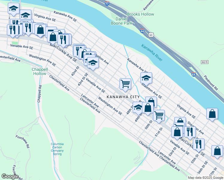 map of restaurants, bars, coffee shops, grocery stores, and more near 4515 MacCorkle Avenue Southeast in Charleston