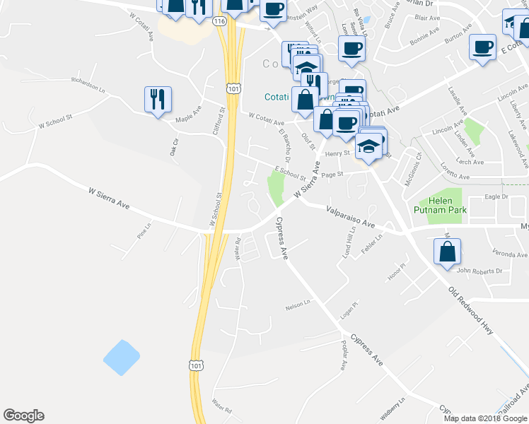 map of restaurants, bars, coffee shops, grocery stores, and more near 419 West Sierra Avenue in Cotati