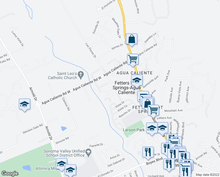 map of restaurants, bars, coffee shops, grocery stores, and more near 17233 Vailetti Dr in Sonoma