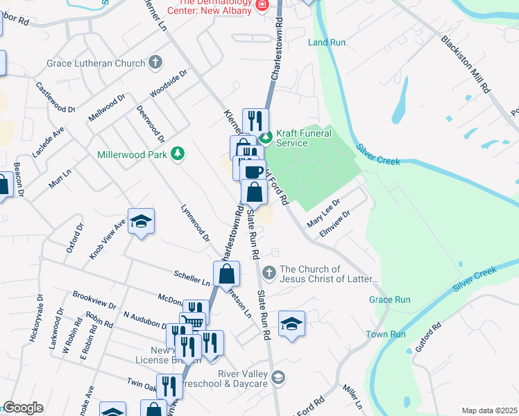 map of restaurants, bars, coffee shops, grocery stores, and more near 1629 Slate Run Road in New Albany