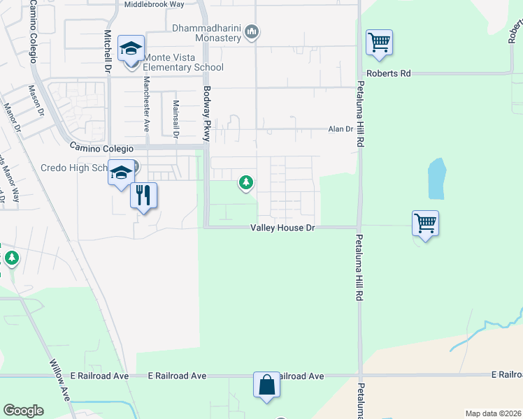map of restaurants, bars, coffee shops, grocery stores, and more near 7682 Wildrose Way in Penngrove