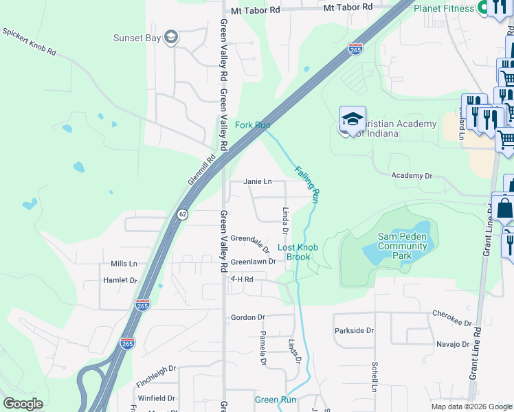 map of restaurants, bars, coffee shops, grocery stores, and more near 121 Venetian Way in New Albany