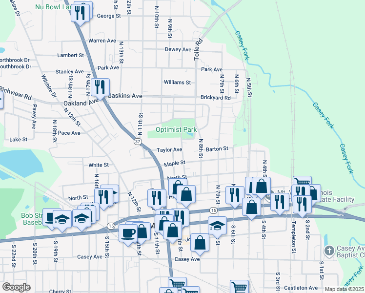 map of restaurants, bars, coffee shops, grocery stores, and more near 427 N Johnson Alley in Mt Vernon