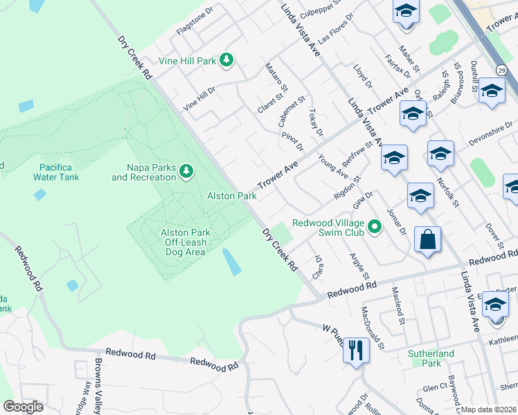 map of restaurants, bars, coffee shops, grocery stores, and more near 2570 Napier Court in Napa