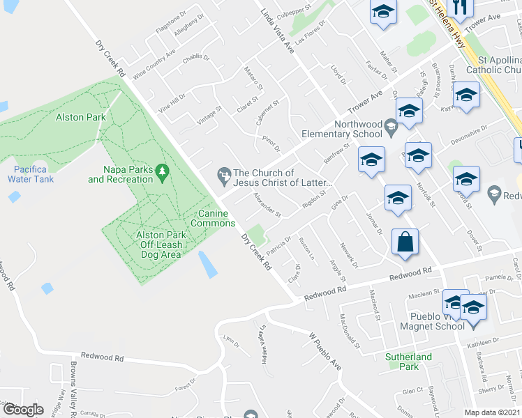 map of restaurants, bars, coffee shops, grocery stores, and more near 2570 Napier Court in Napa