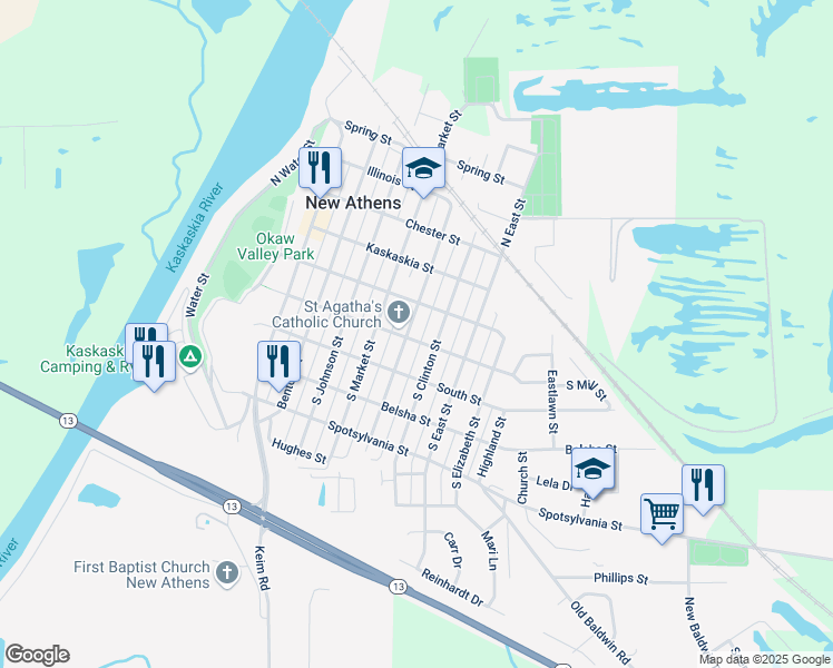 map of restaurants, bars, coffee shops, grocery stores, and more near 303 South Jackson Street in New Athens