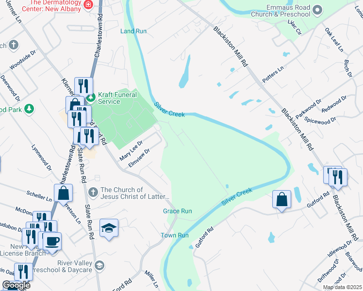 map of restaurants, bars, coffee shops, grocery stores, and more near 1525 Rector Lane in New Albany